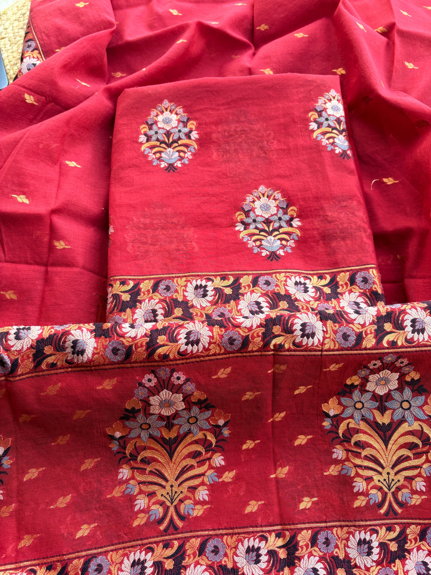 Red meenadar weaving Chanderi suit set