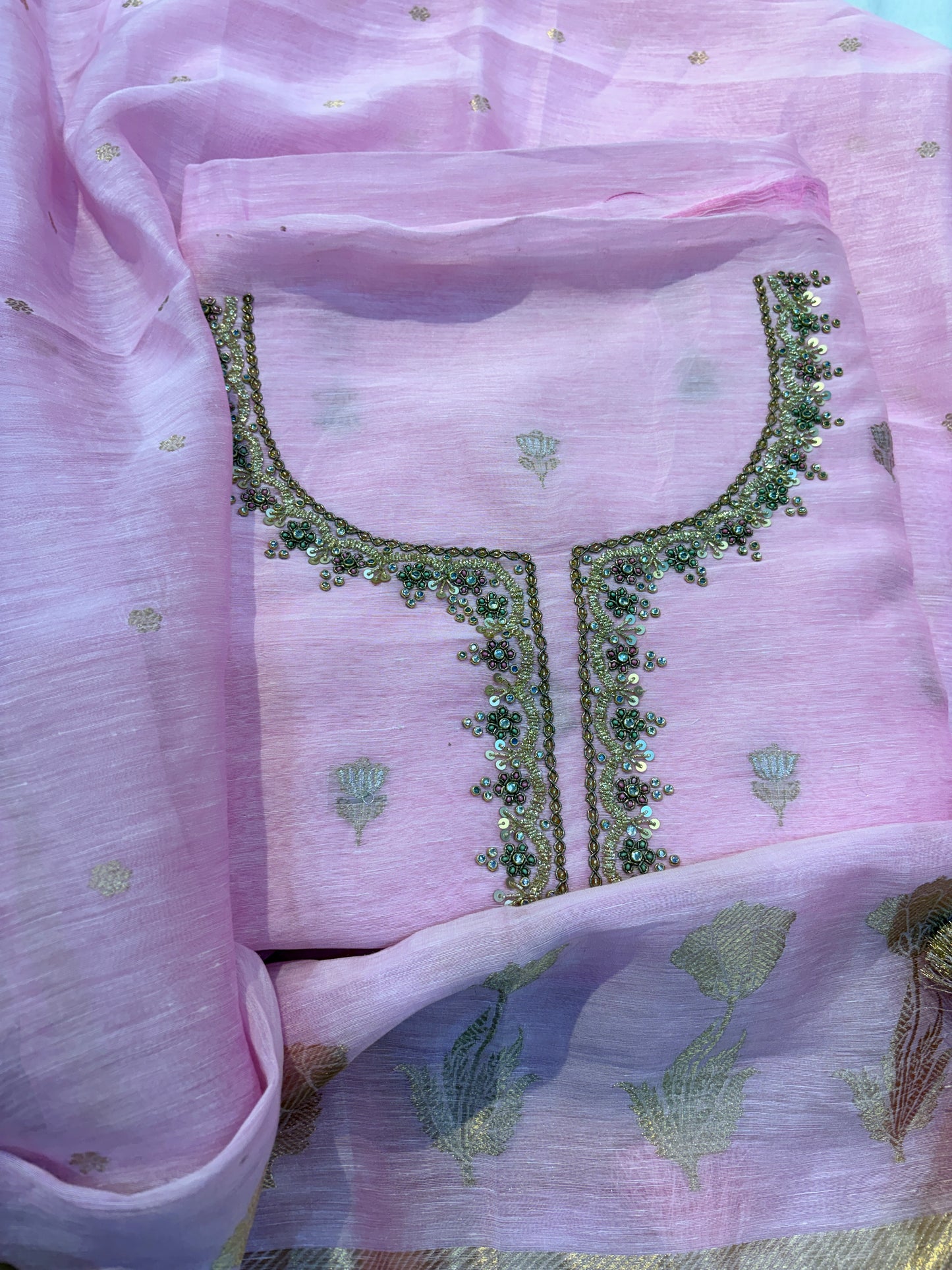 Pink linen suit hand work suit set