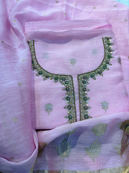 Pink linen suit hand work suit set