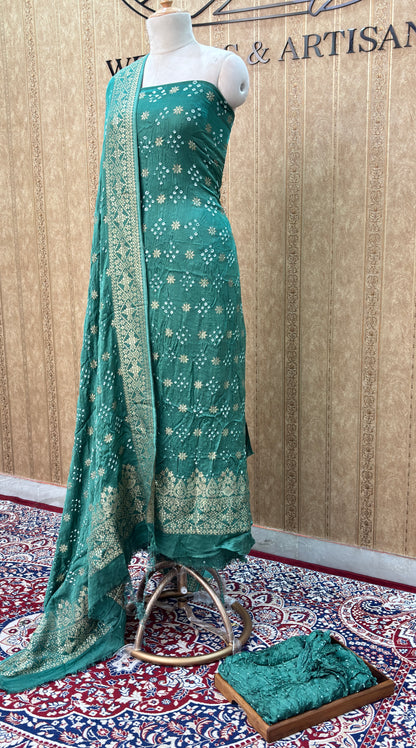 Green bandhani suit set with zari border