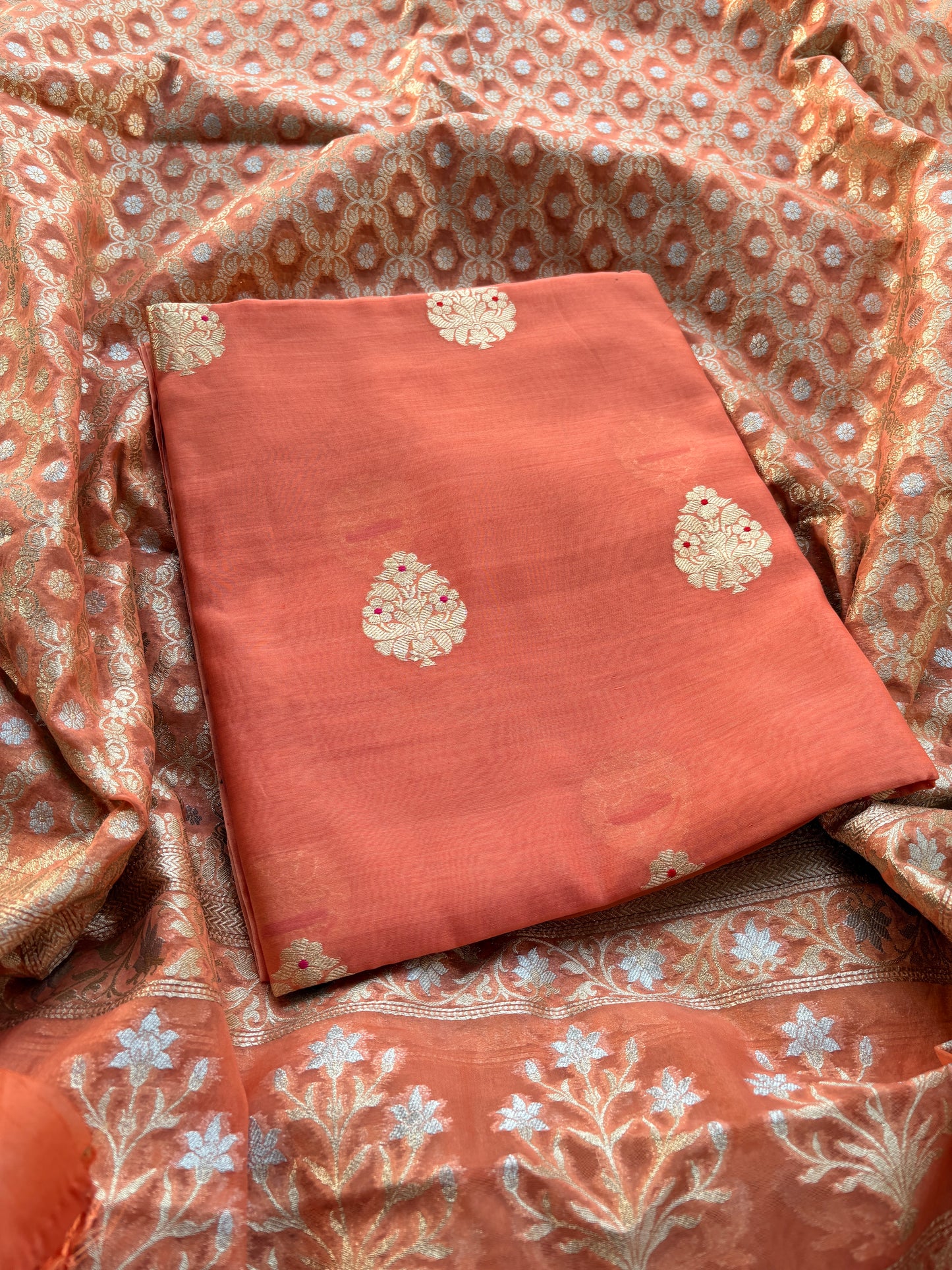 Rust handloom silk kurta and cutwork kora dupatta