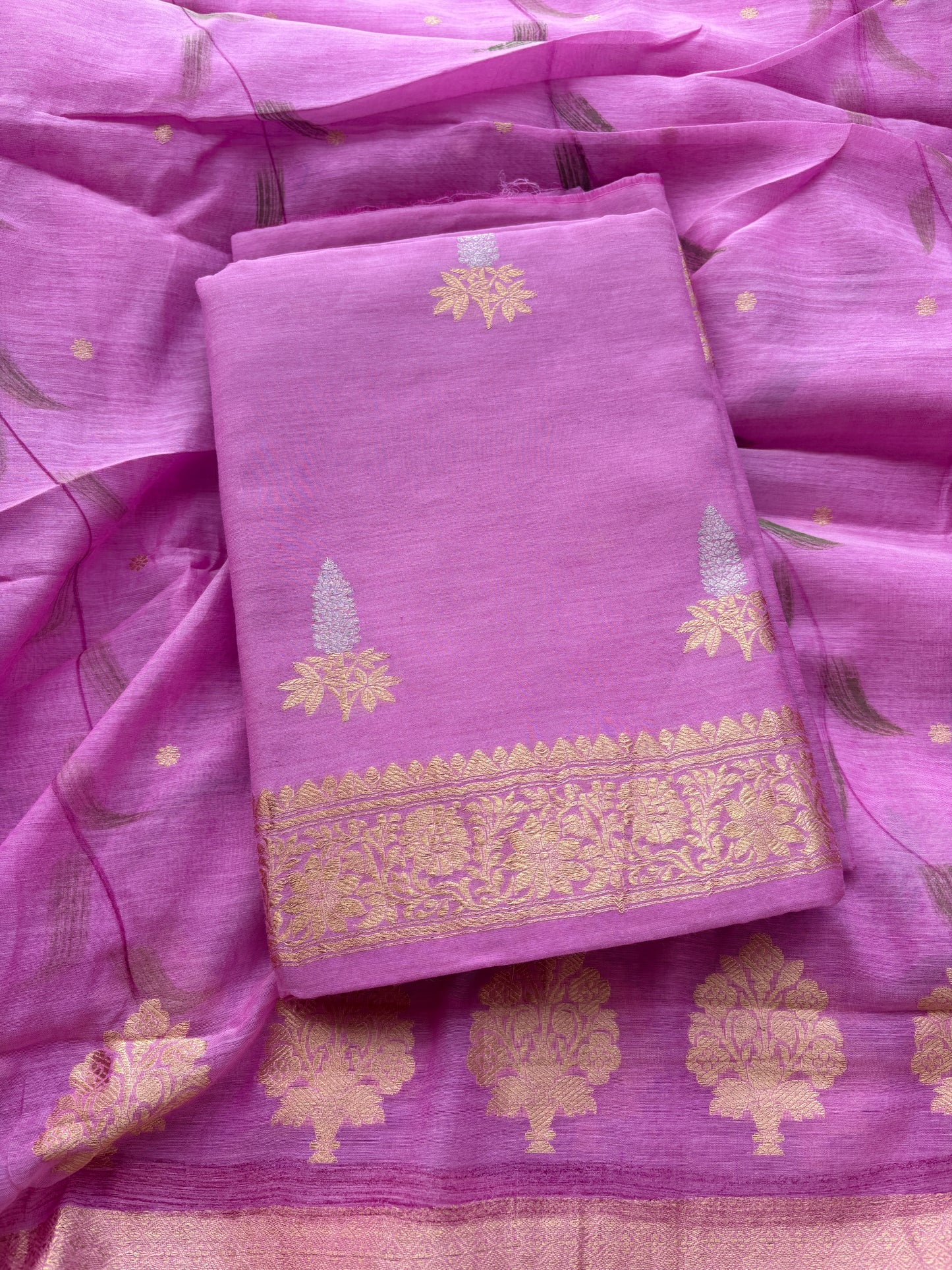 Pink cotton kadhwa silk suit set