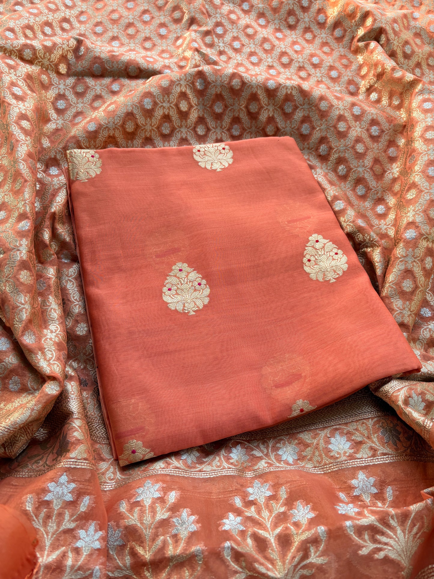 Rust handloom silk kurta and cutwork kora dupatta