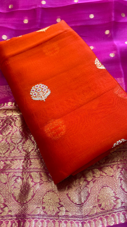 Orange kora silk kurta, magenta kora dupatta, plain bottom