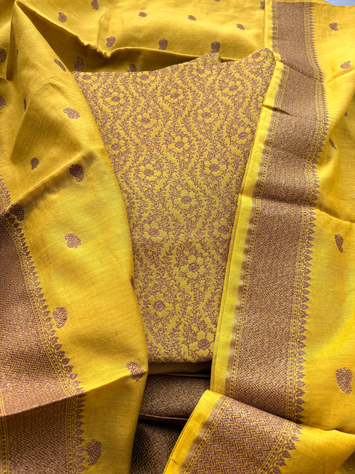 Yellow brocade cotton silk suit set