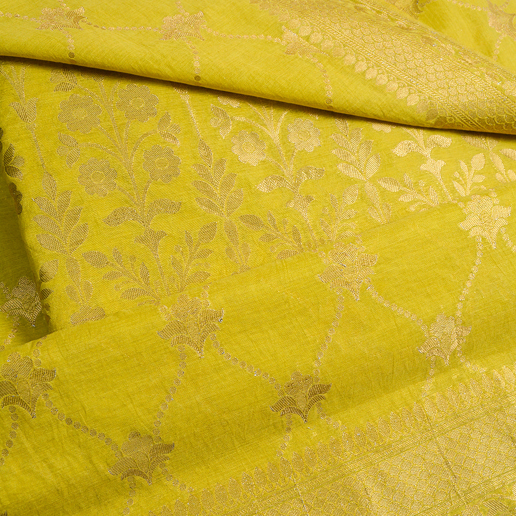 Lime yellow zari weaving Chanderi suit set