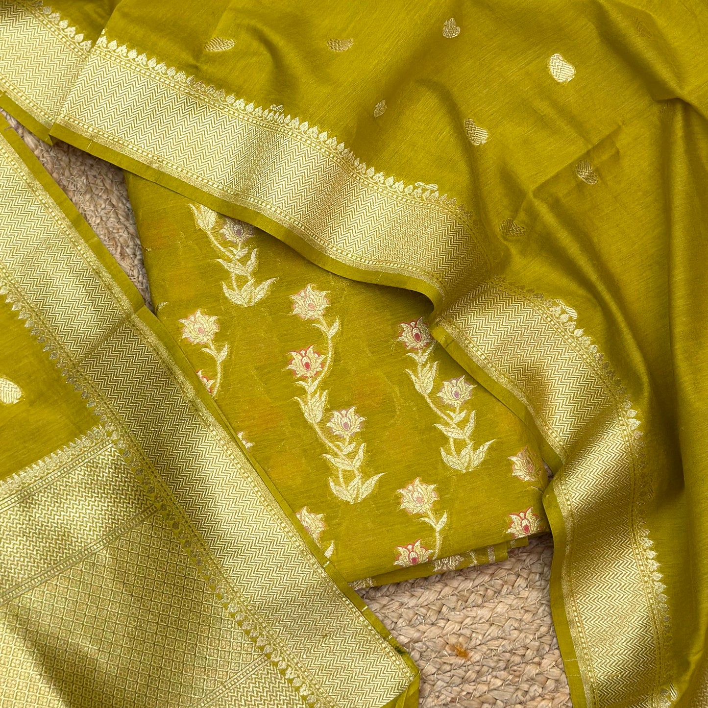 Mehndi green cotton silk suit set