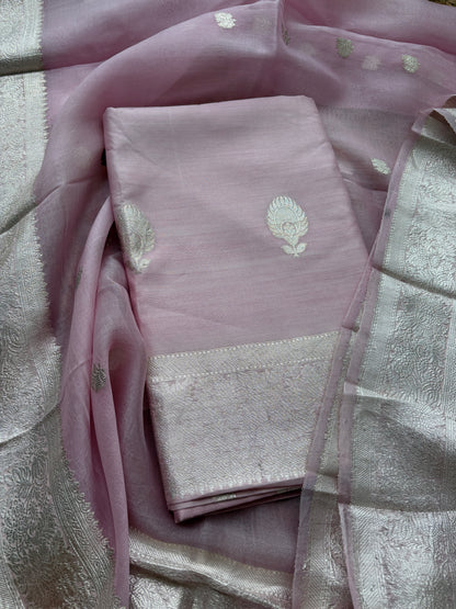 Pink lavender silver zari Chiniya silk suit set