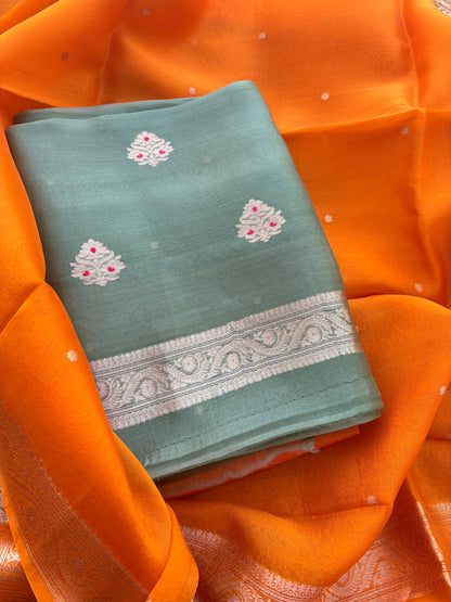 Green mustard kora kadhwa silk suit set