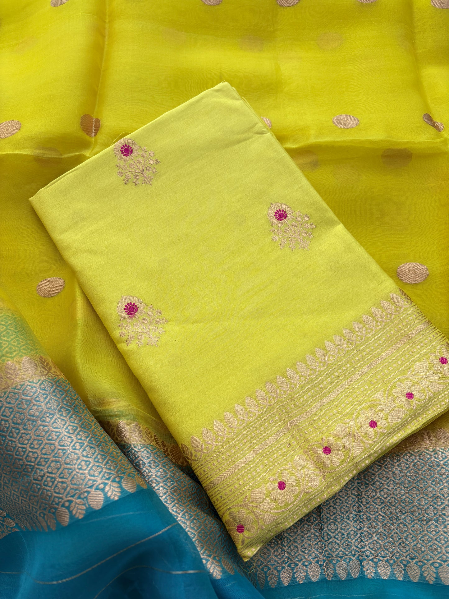 Lime suit with blue shaded dupatta