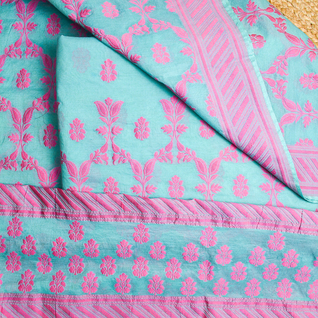 Blue base pink Resham weaving suit set