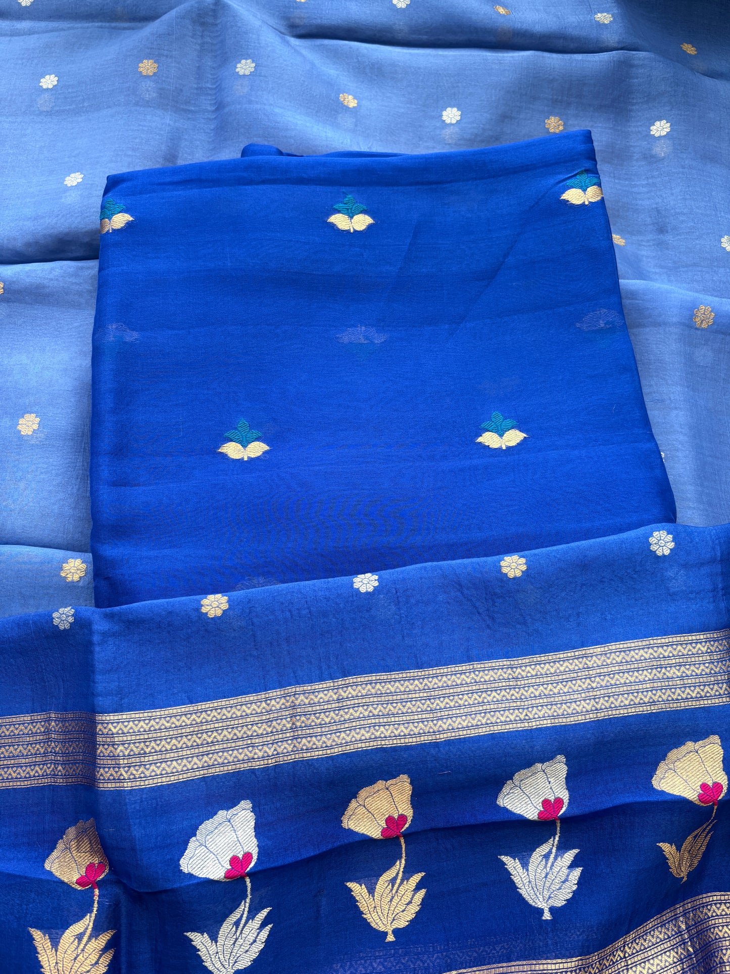 Blue kora silk suit with kadhwa dupatta