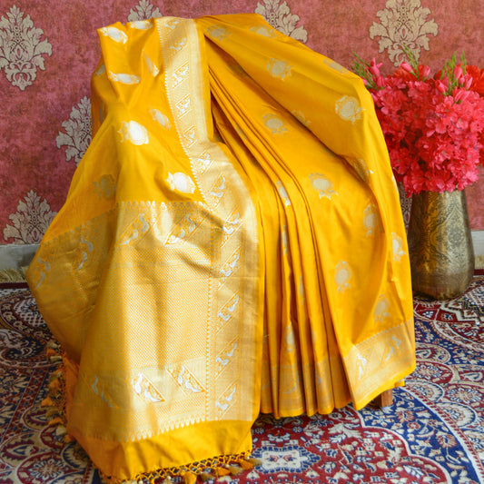 Bright Yellow Mashru Silk Saree