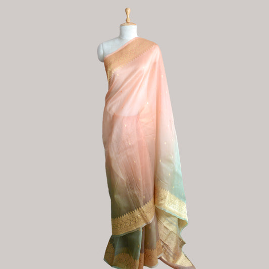 Peach shaded kora silk kadhwa saree