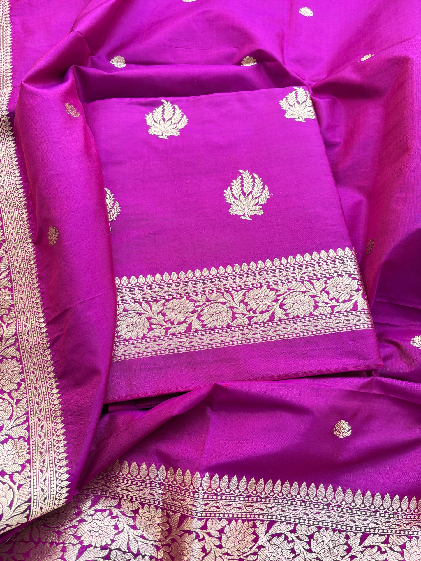 Magenta katan by katan silk kadhwa suit set