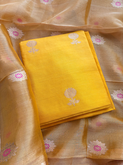 Yellow Chiniya silk kadhwa suit with tissue dupatta