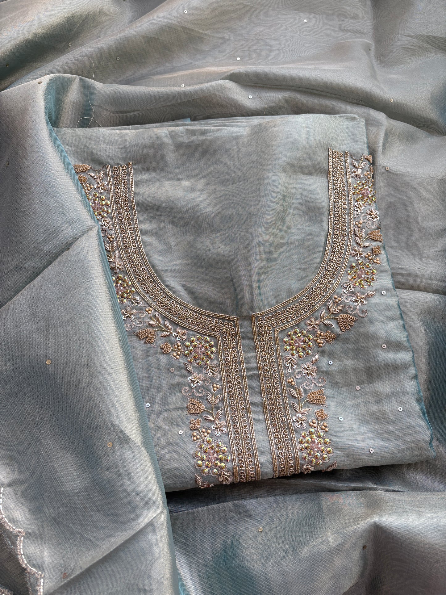 Blue tissue hand embroidered suit set