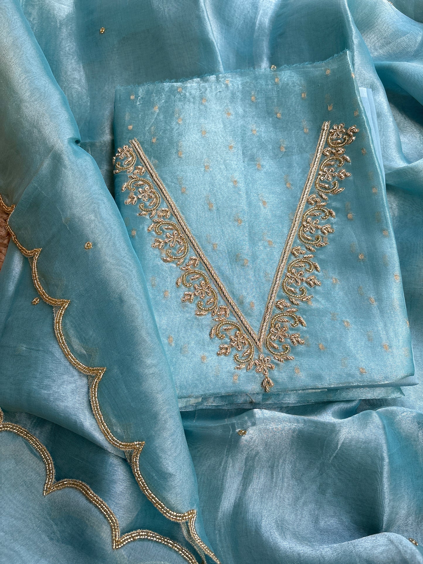 Blue tissue embroidered suit set