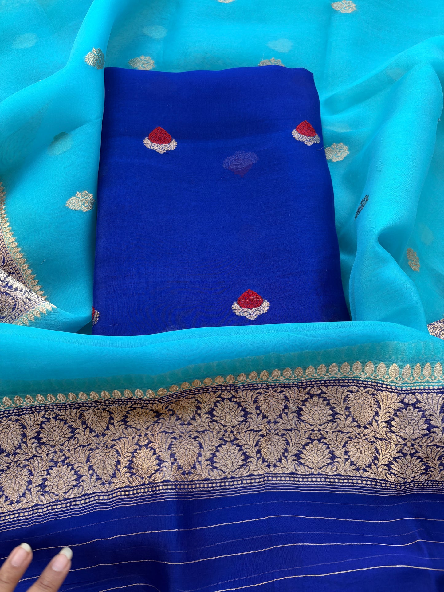 Blue kora kadhwa silk suit set
