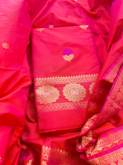 Red pink katan by katan silk kadhwa suit set