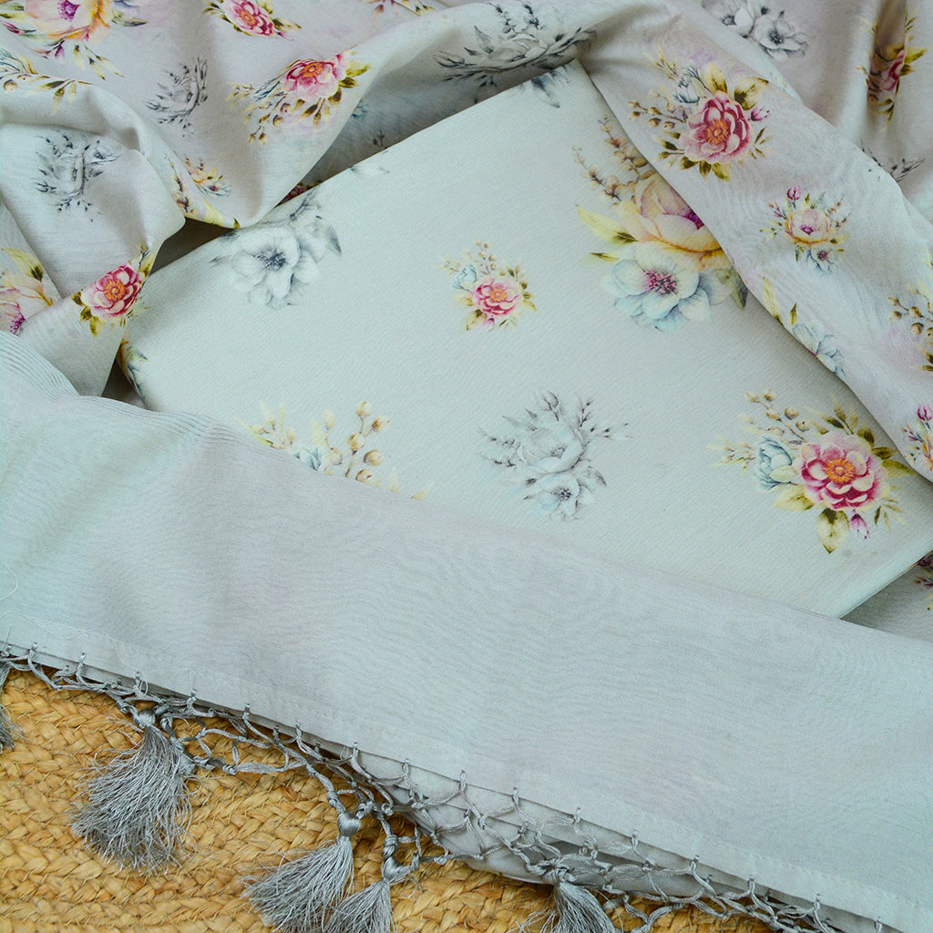 Grey printed Chanderi silk suit set