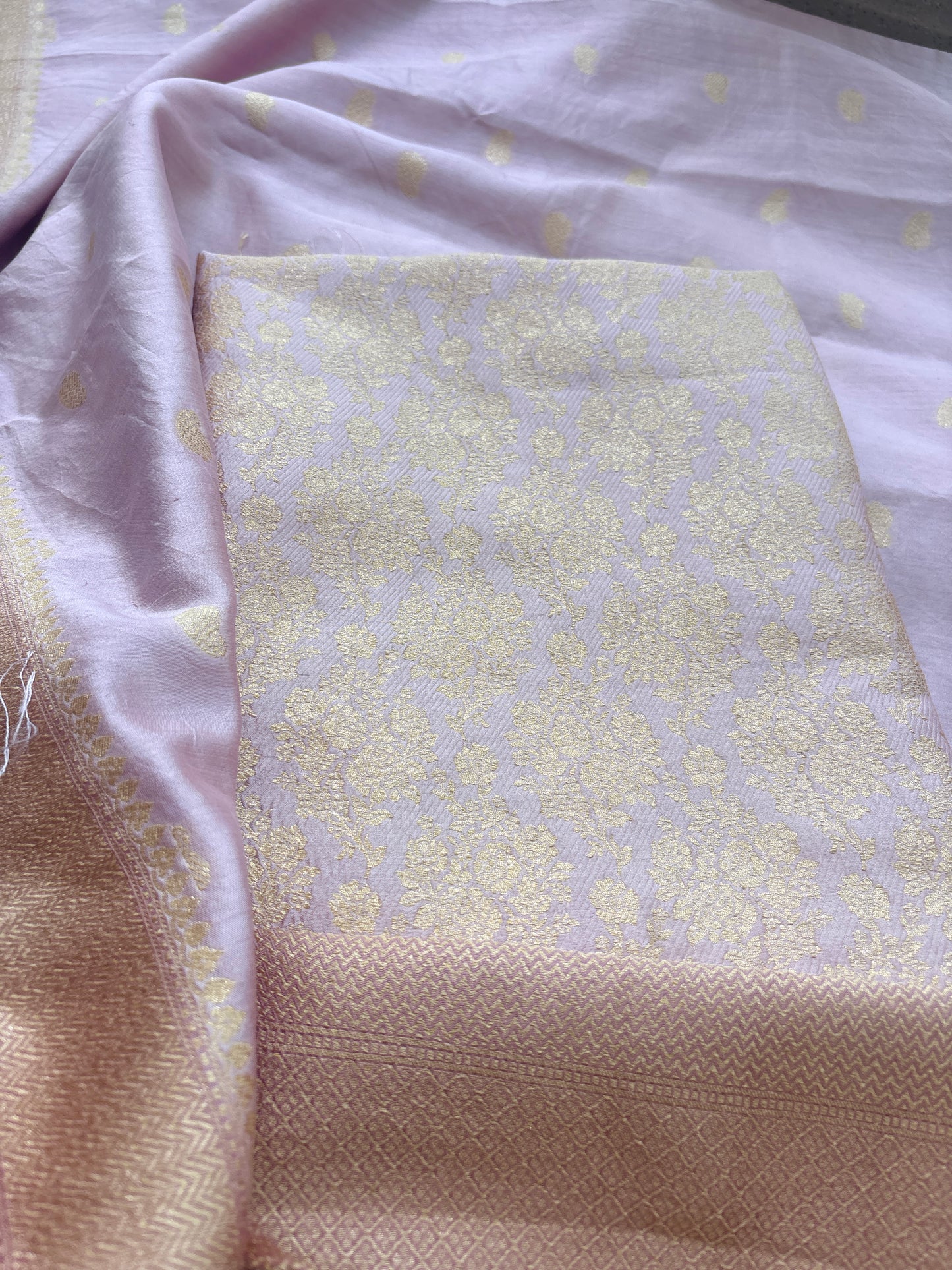 Pink brocade Chiniya silk suit set with lavender salvage