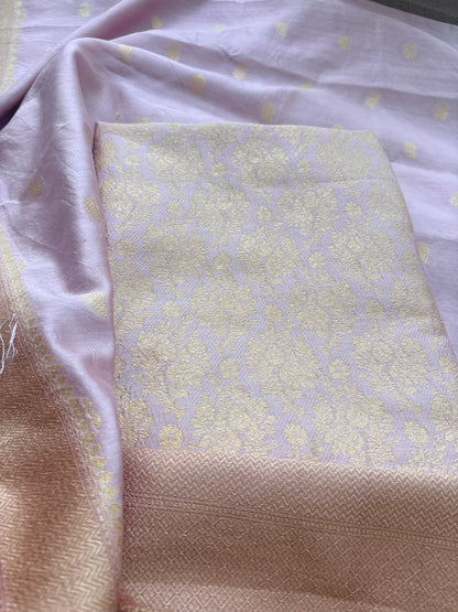 Pink brocade Chiniya silk suit set with lavender salvage
