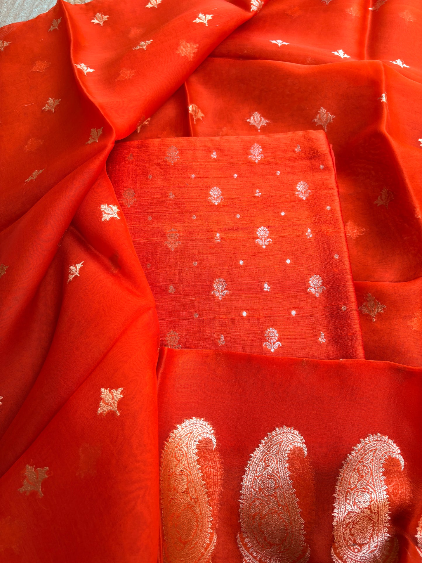 Orange raw silk kurta , bottom and kora silk dupatta