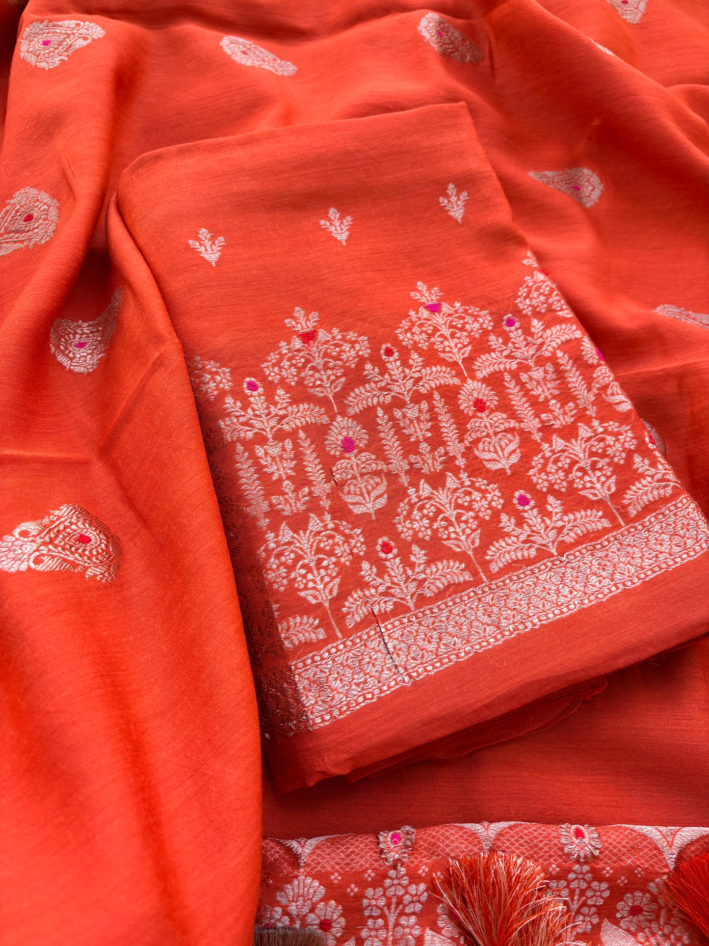 Orange moonga silk suit set kadhwa weave