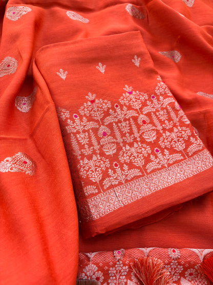 Orange moonga silk suit set kadhwa weave