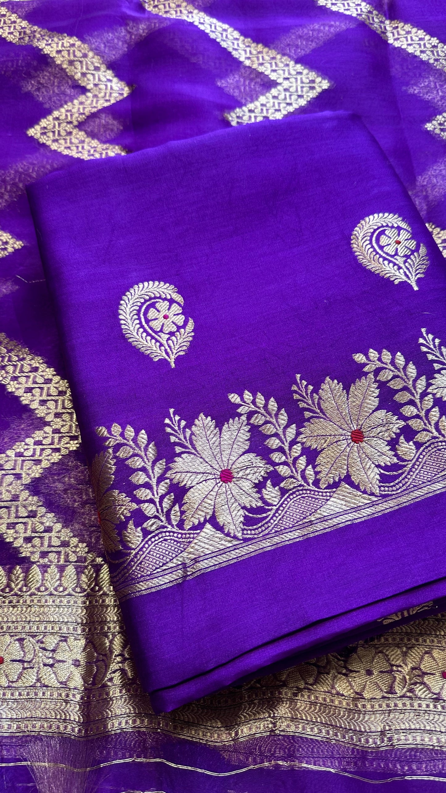 Purple chiniya meenadar suit set, kora silk dupatta, plain silk bottom.