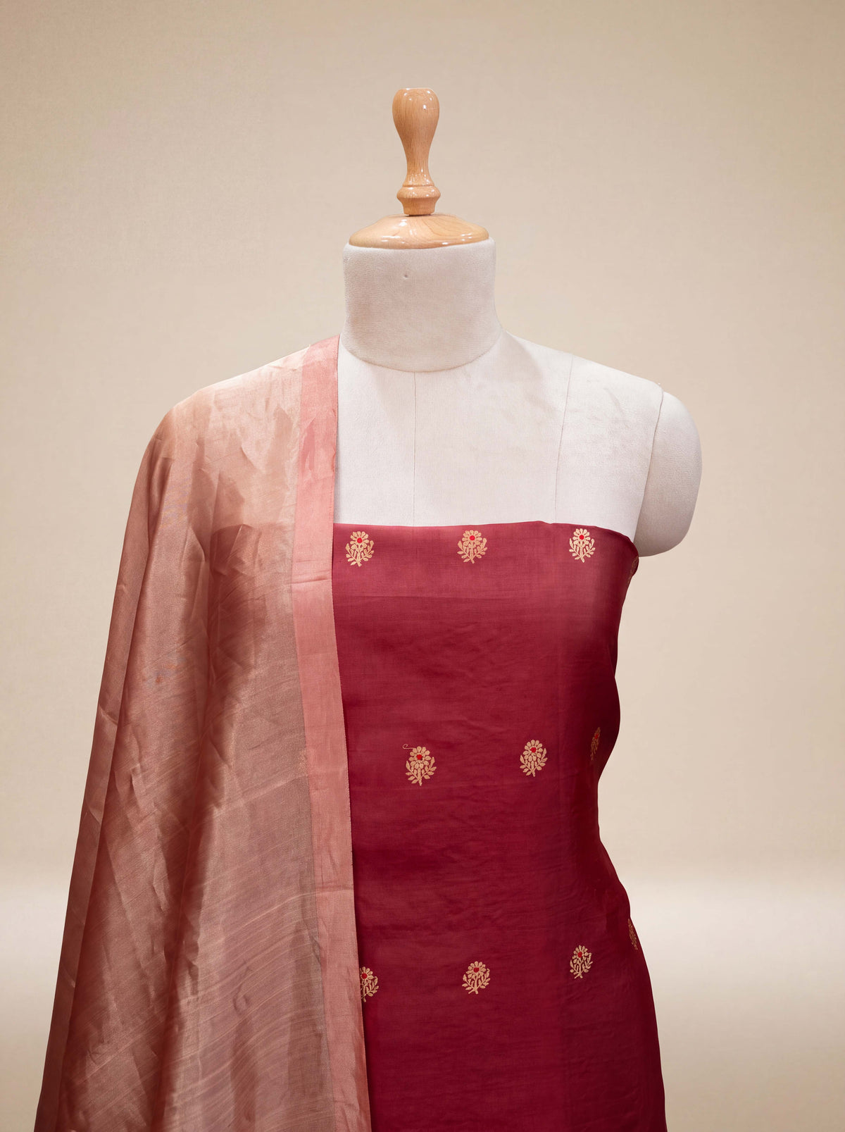 Maroon silk kurta with tissue dupatta