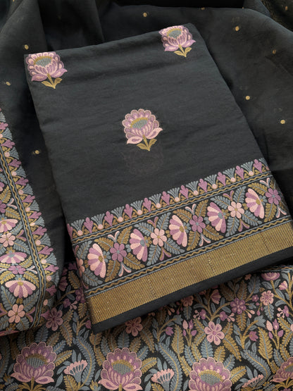 Black Chanderi flower design weaving suit set