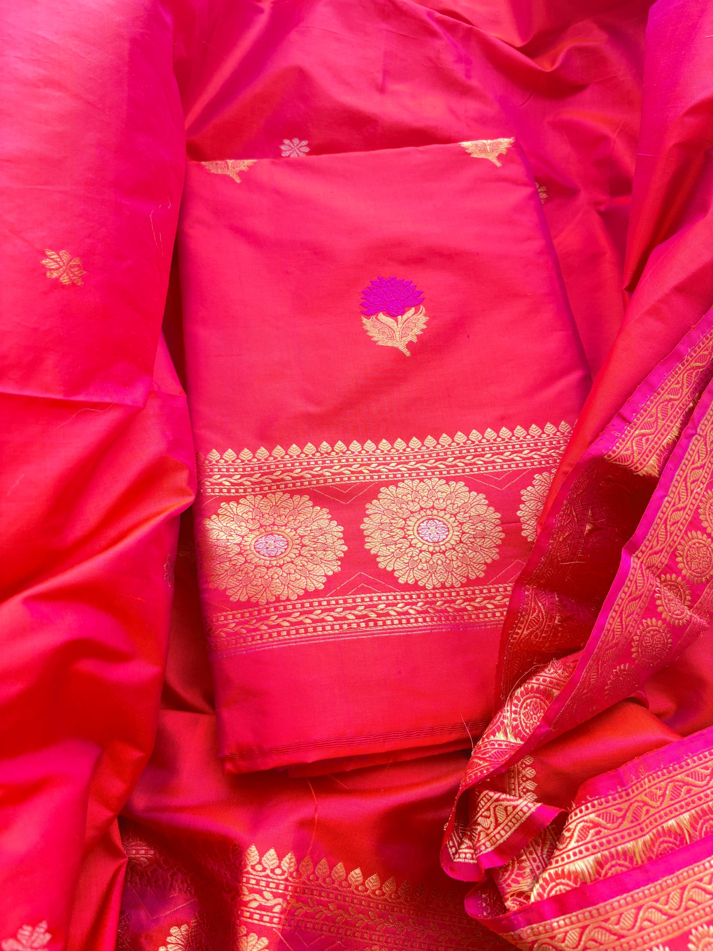 Red pink katan by katan silk kadhwa suit set