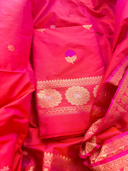 Red pink katan by katan silk kadhwa suit set