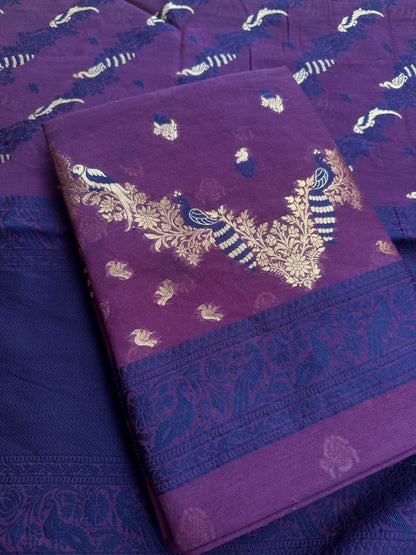 Purple chanderi zari weaving peacock design suit set
