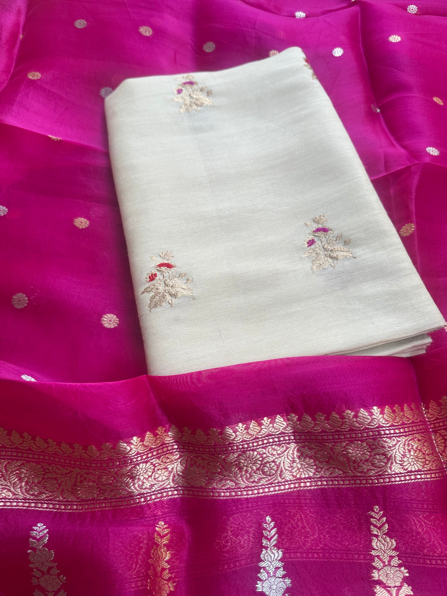 Cream moonga silk kurta, bottom and kora silk dupatta