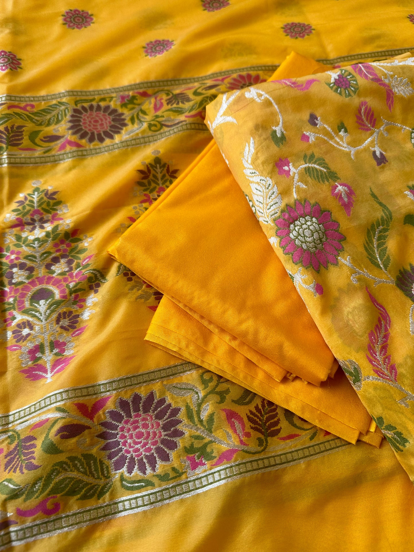 Yellow Chiniya silk full Jaal weaving 3 piece suit.