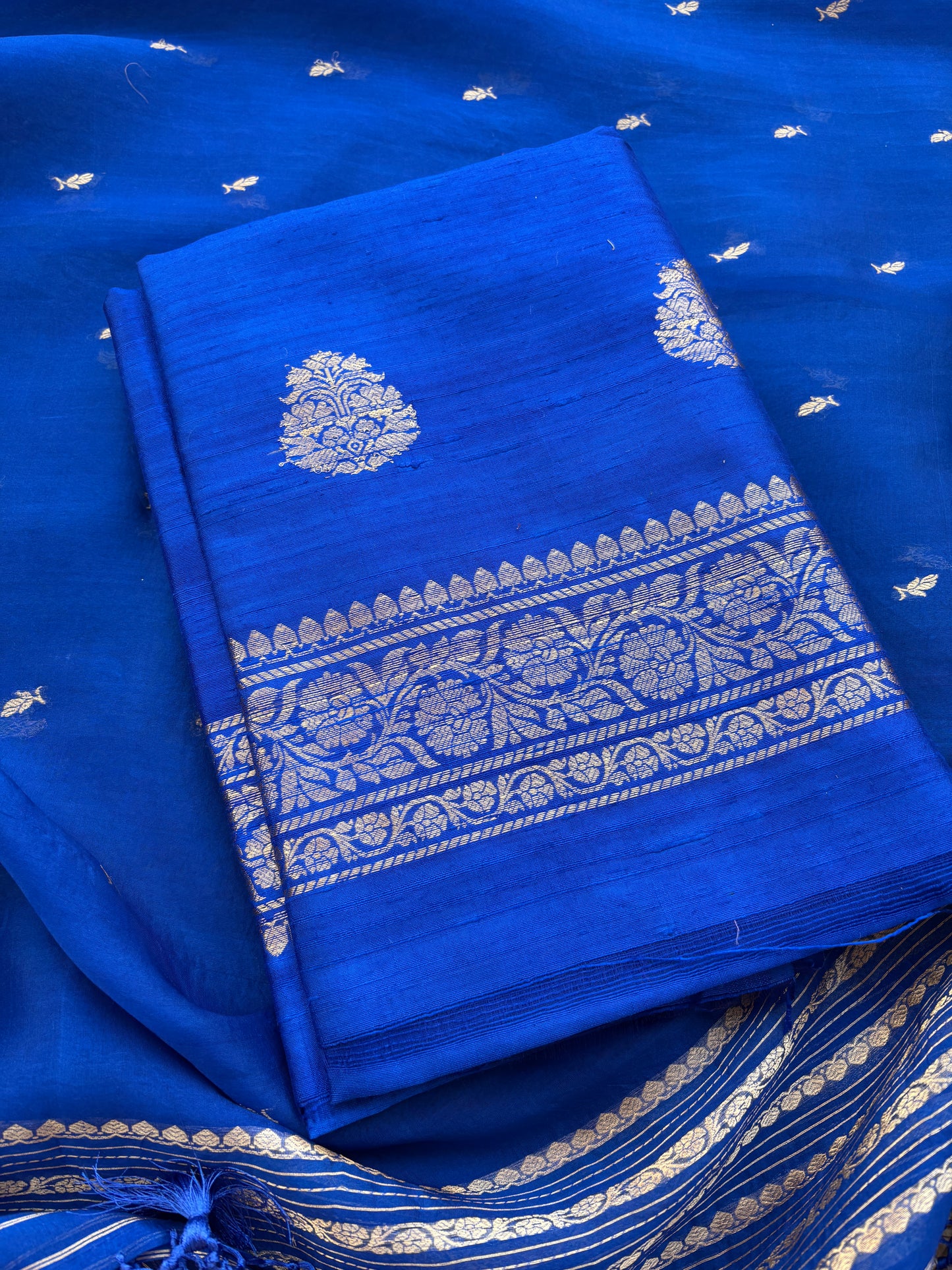 Blue raw silk suit set with kora silk dupatta