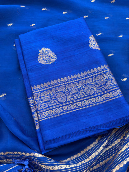 Blue raw silk suit set with kora silk dupatta