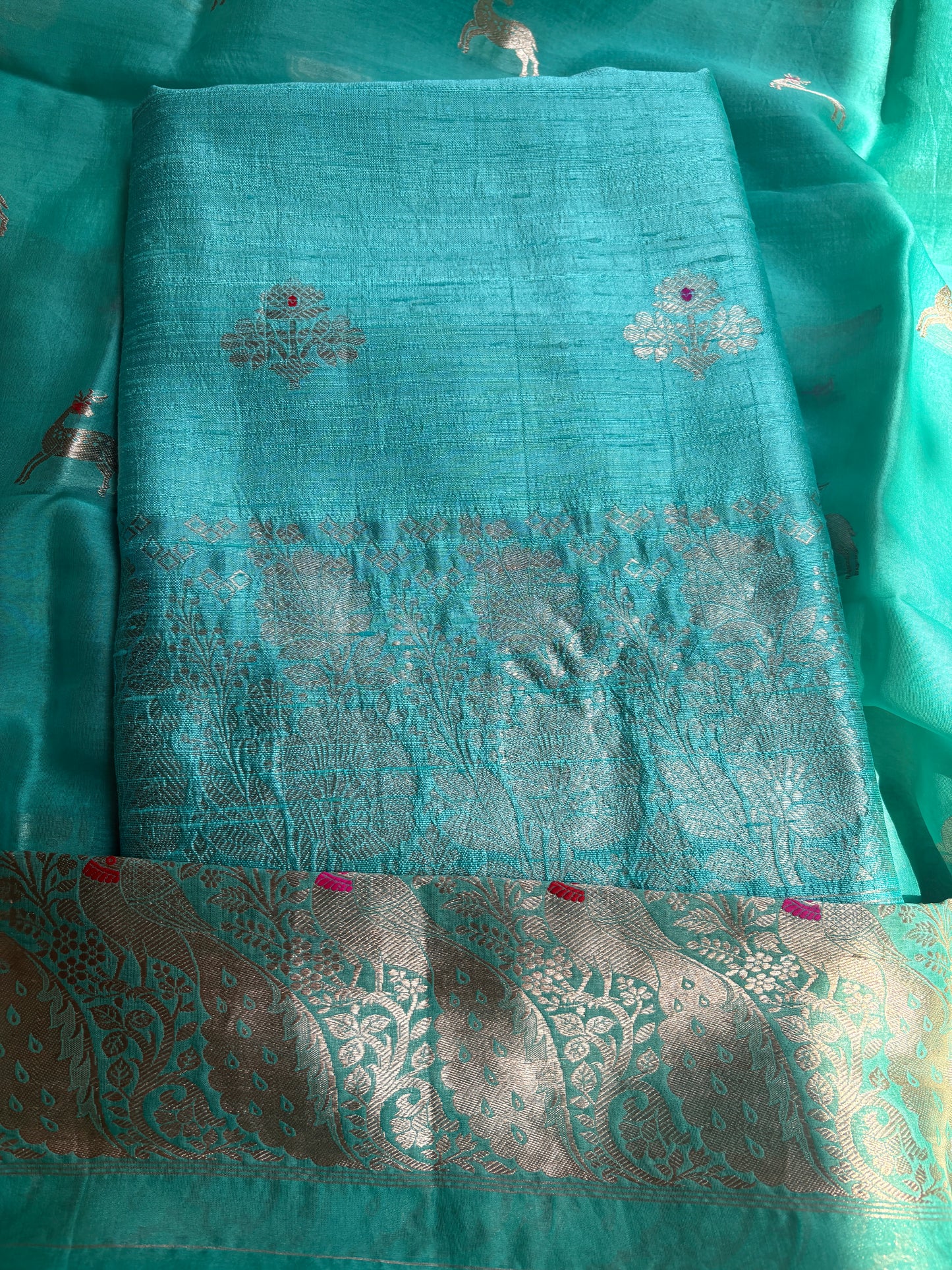 Blue raw silk Kurta, bottom , Kora silk deer motif dupatta