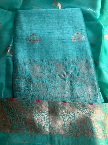 Blue raw silk Kurta, bottom , Kora silk deer motif dupatta