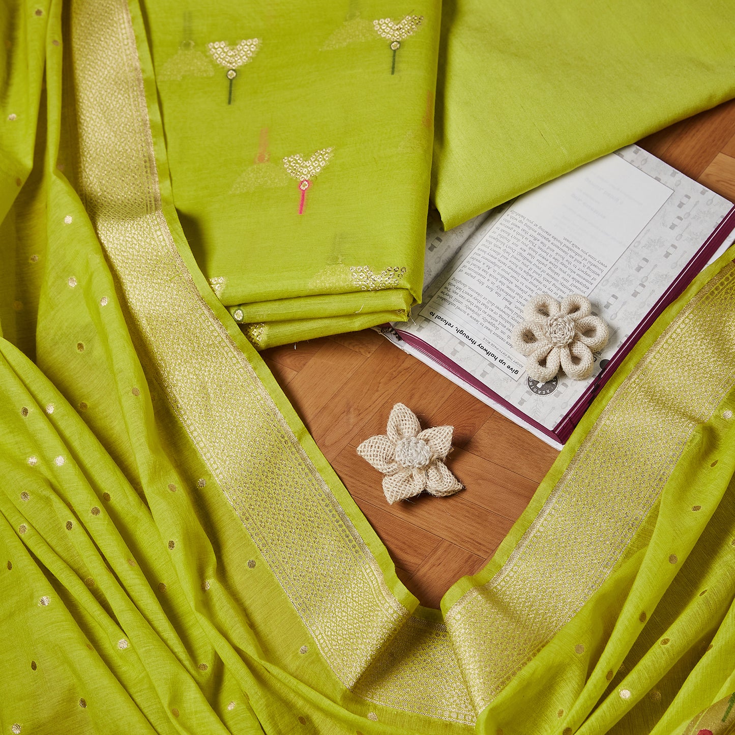 Green Tulip inspired Booti Suit Set with full paithani inspired dupatta