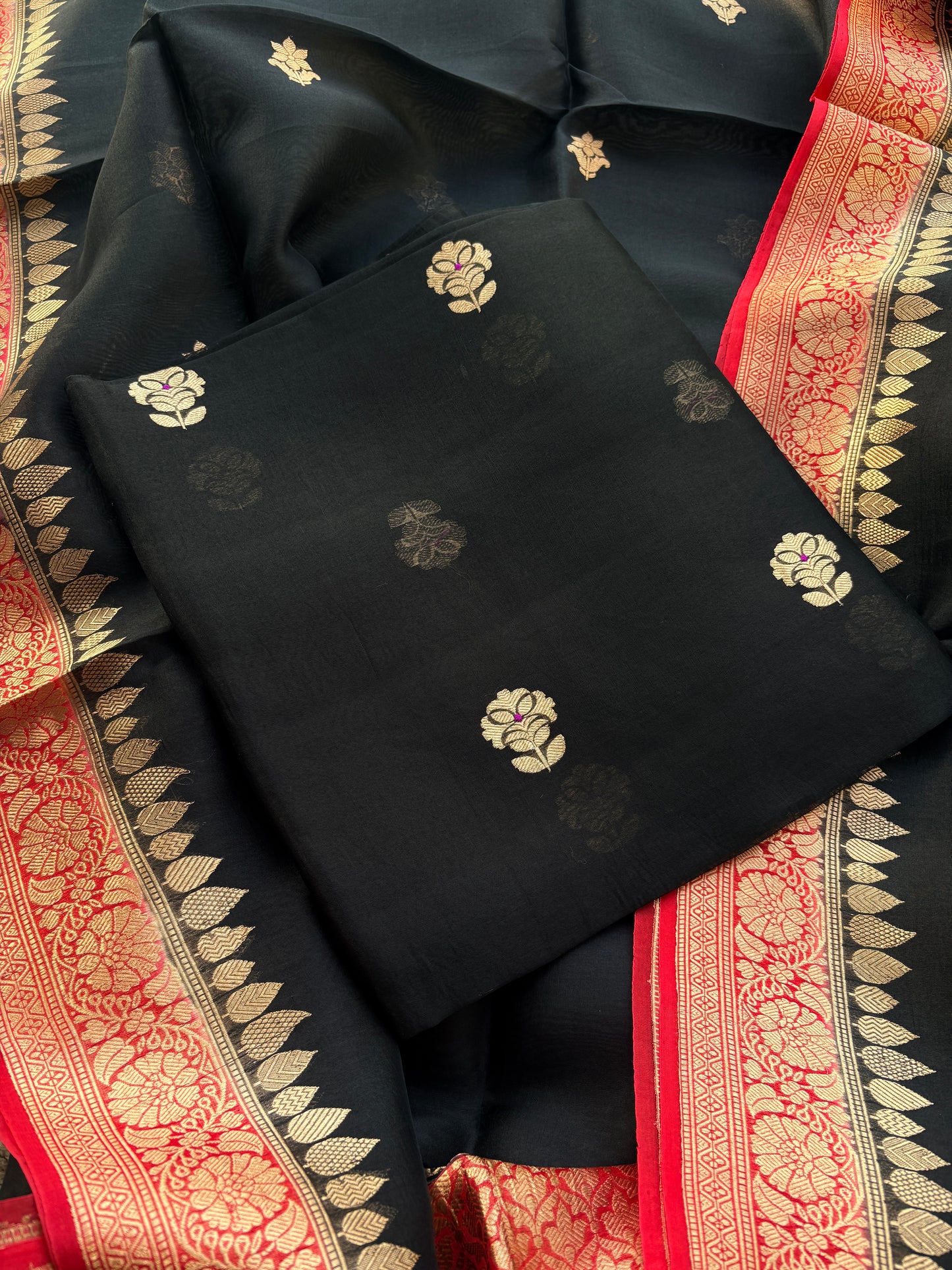 Black Kora silk with red shaded dupatta