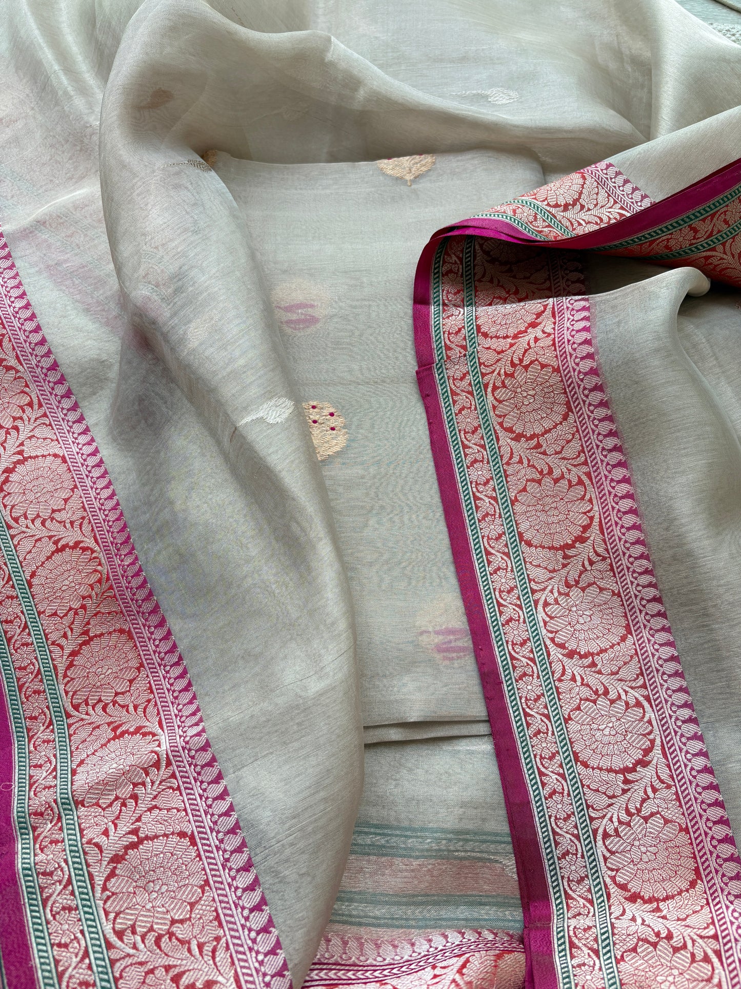 Cream tissue suit set with kora tissue dupatta