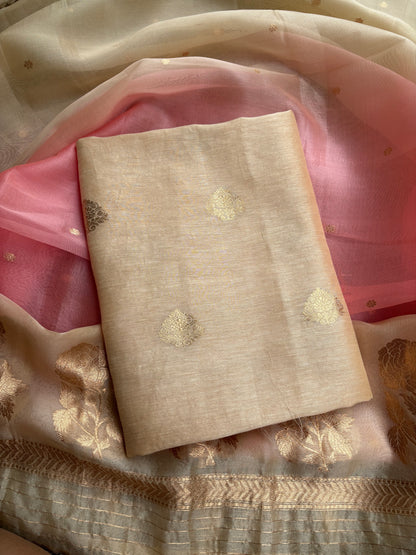 Beige linen silk kurta with kora silk dupatta