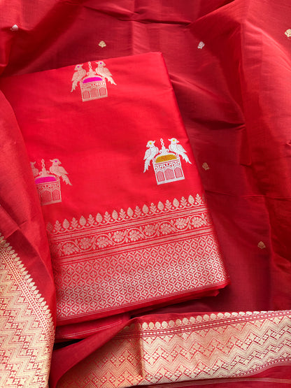 Red katan by katan silk kadhwa suit with tissue dupatta