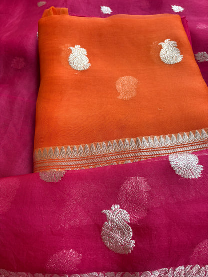 Orange pink kora kadhwa silver zari suit set