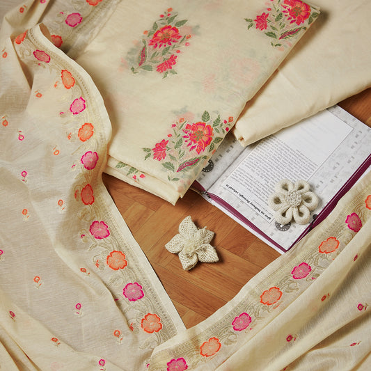 Cream Multicolored Handwoven Flower Chanderi Cotton Suit Set