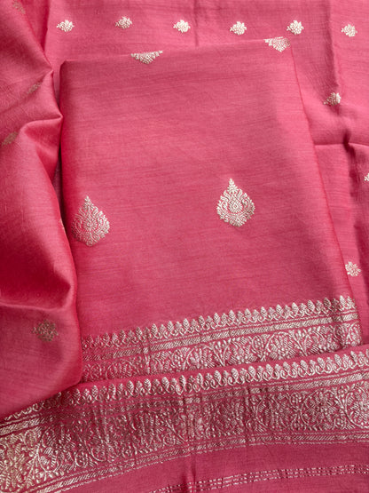 Peach moonga silk silver zari 3 piece suit set